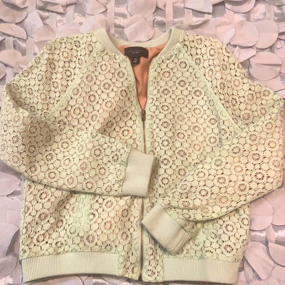 Mint green lace overlay fabric bomber jacket for girls.